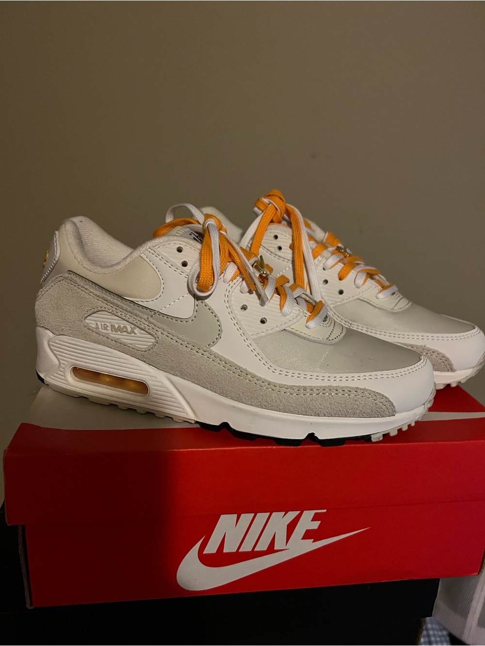Nike Women Air Max 90 White & Light Gray Sneakers with Orange Accents